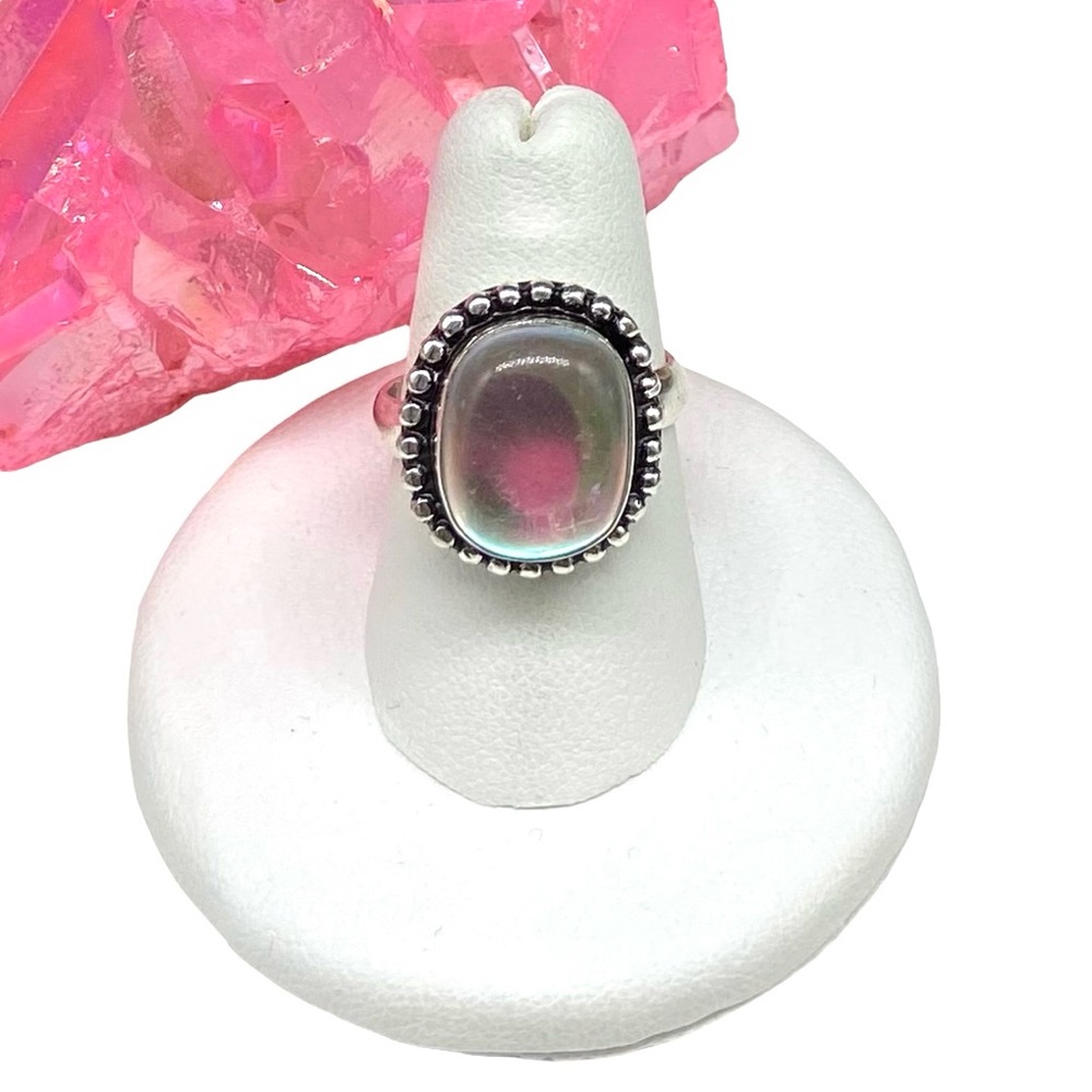 Aura mystic quartz Artisan Iridescent Opal-Like Stone 925 Silver Beaded Ring - Picture 6 of 6